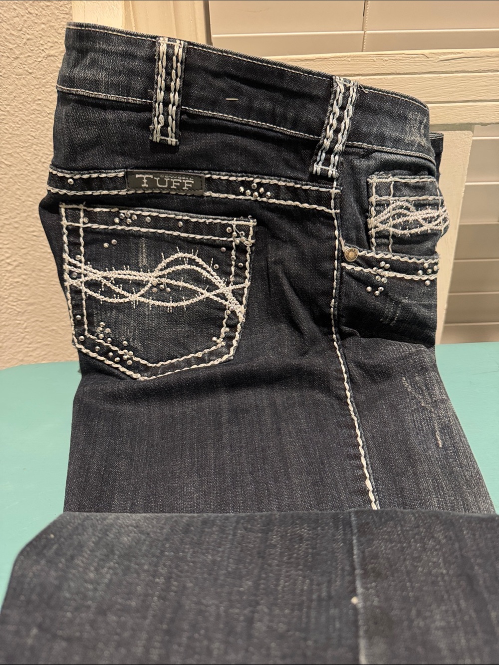 Cowgirl Tuff Dark Blue Bootcut Jeans with White Embroidery